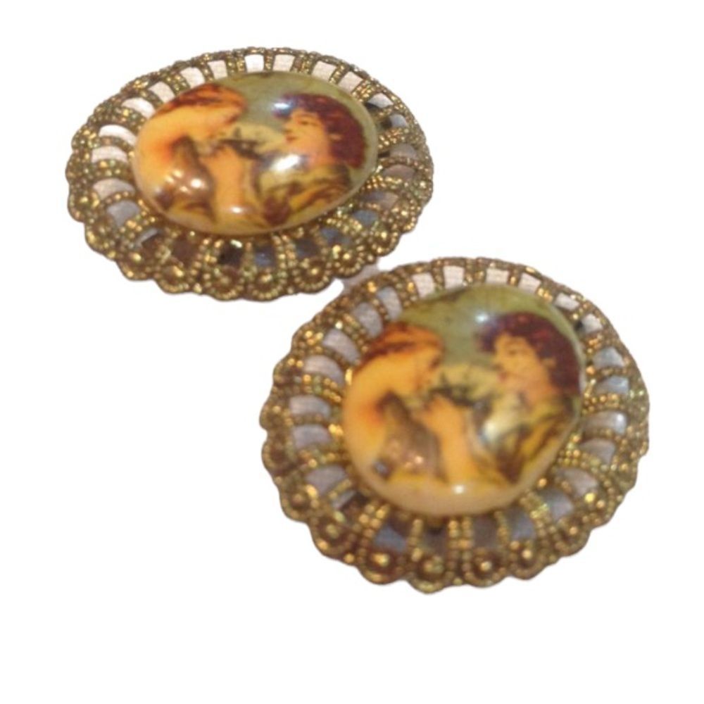 Vintage Victorian Fragonard Courting Scene Earrings